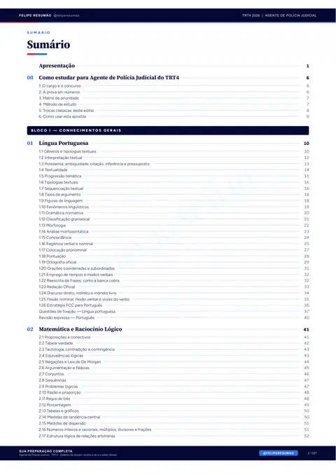 Página 3 da apostila: Sumário, Todas as disciplinas do edital, na ordem