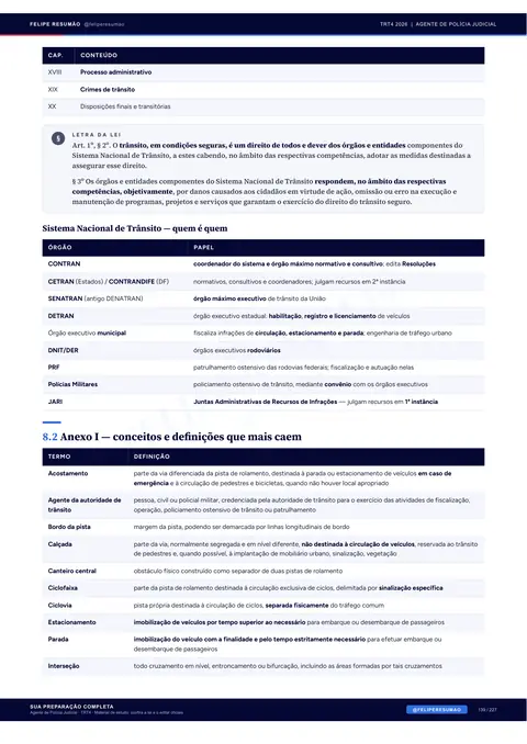 Página 140 da apostila: Trânsito, Direção e Primeiros Socorros, Anexo I — conceitos e definições que mais caem