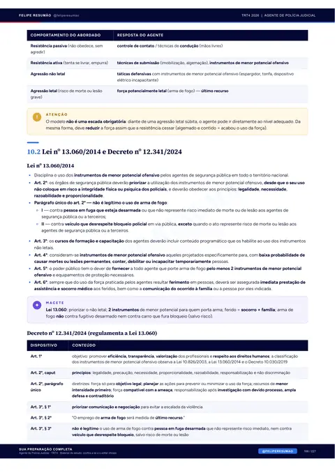 Página 169 da apostila: Uso da Força, Defesa Pessoal e Incêndios, Lei nº 13.060/2014 e Decreto nº 12.341/2024